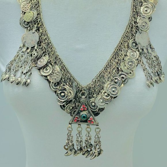 Tribal Kuchi Necklace, Silver Necklace With Dangling Tassels Exotic Collectible - Picture 6 of 9